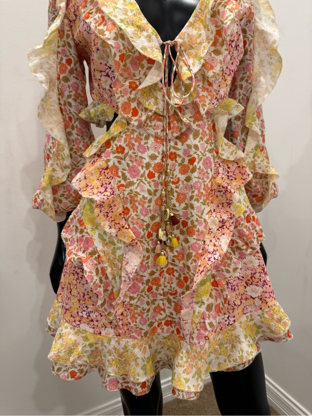 Zimmermann Floral Patchwork Ruffle Cutout Tie Front Mini Dress Size 2 - Picture 7 of 14